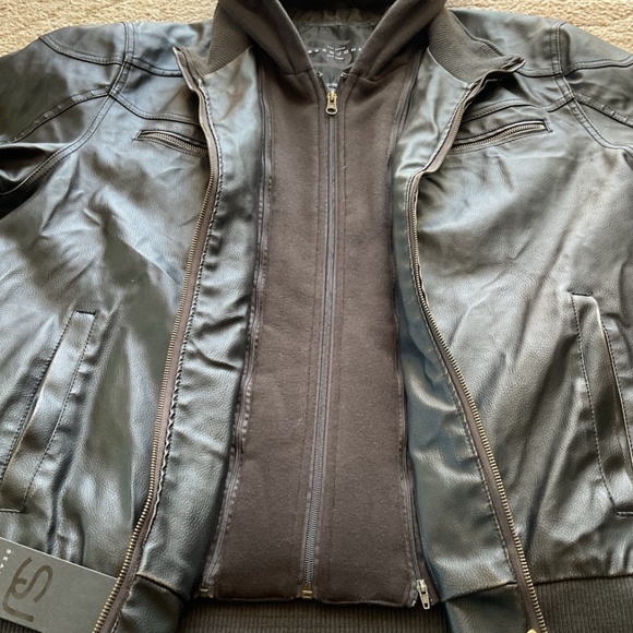 NWT GIII SEAN JOHN Mens XXL Brown Faux Leather Removable Hooded Bib Lined Jacket - Picture 4 of 14